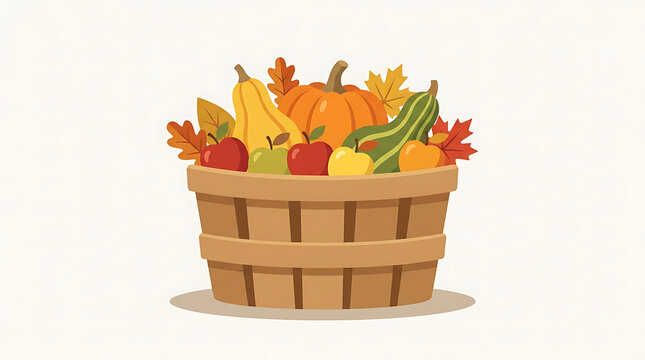 Wooden harvest basket filled with colorful autumn fruits and vegetables against a plain background