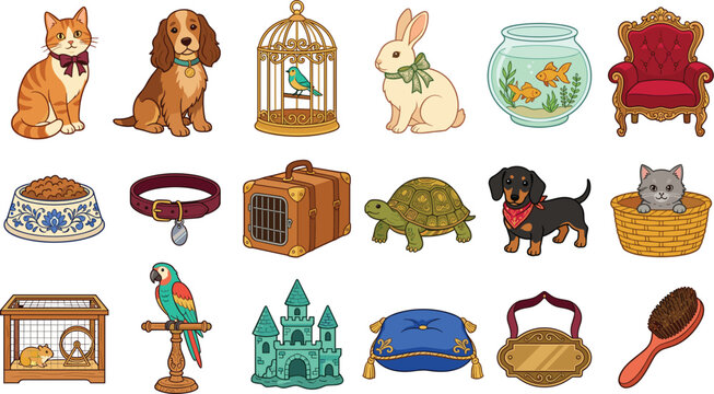 Cute pet and animal accessories vector set with cats dogs rabbits fish turtle and colorful supplies