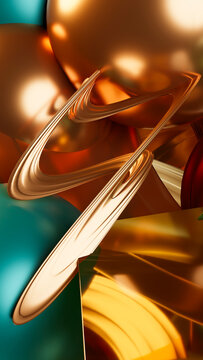 Abstract digital 3d art with orange and blue curved metallic shapes