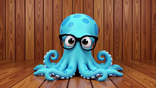 Cute cartoon blue octopus wearing glasses standing on a polished wooden floor background.