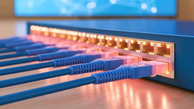 Blue ethernet cables plugged into network switch with glowing indicator lights on wooden surface, data connectivity hardware