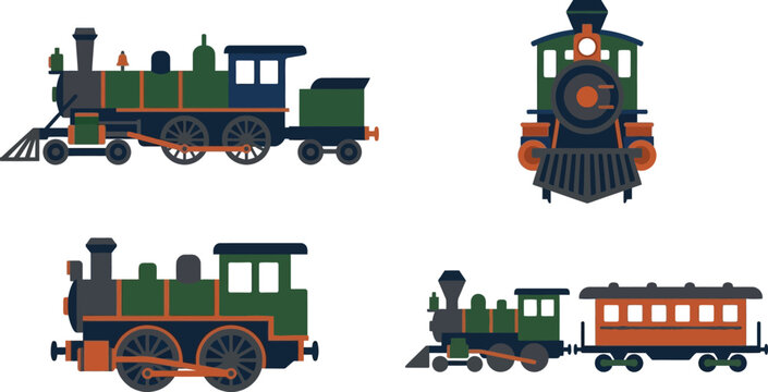 Set of four different vintage steam train illustrations