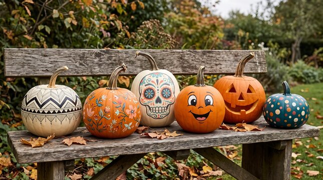 Title: Colorful Decorative Halloween Pumpkins on a Rustic Bench