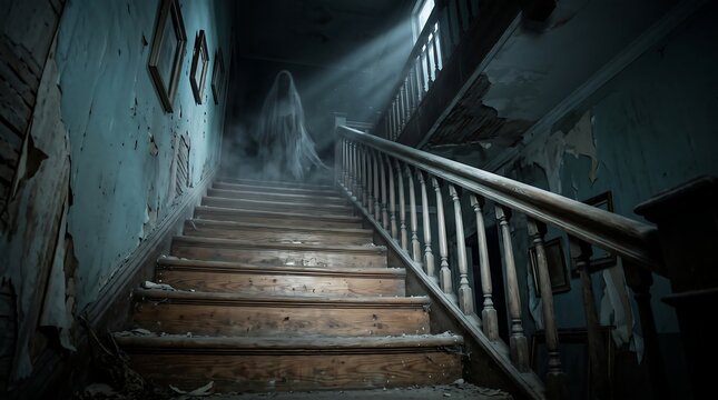 Title: Dark Haunted Staircase with Ghostly Mist