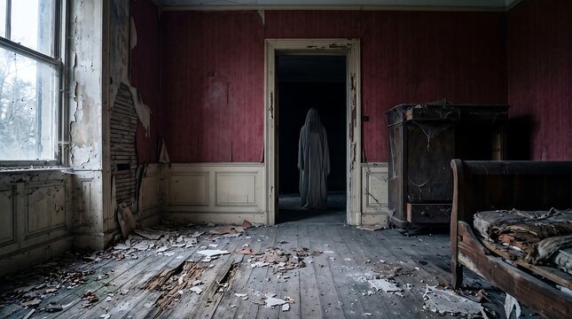 Abandoned Haunted Room with Faded Red Walls