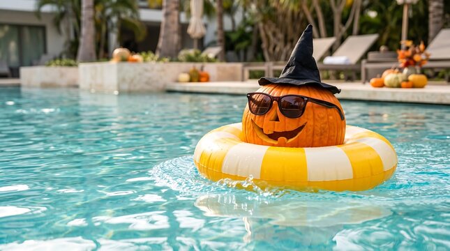 Halloween Pumpkin Floating in a Swimming Pool
