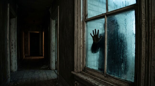 Terrifying Shadow Hand Behind a Haunted House Window