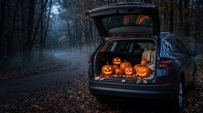 Glowing Halloween Pumpkins in a Car Trunk at Night