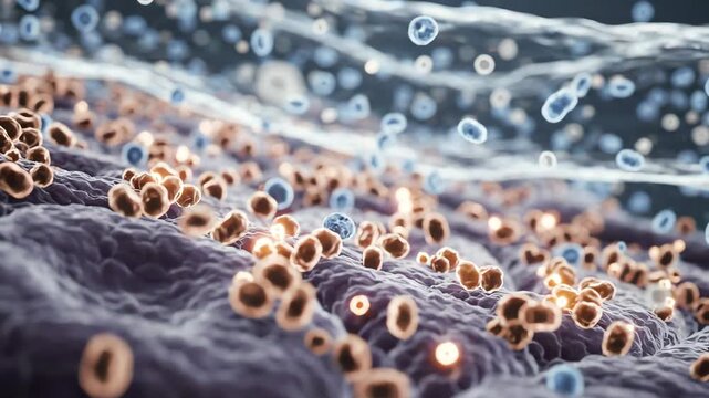 Glucose environment and its association with increased inflammatory signaling around biological tissues. Transparent bloodstream-like fluid contains subtle glucose molecules moving around cells