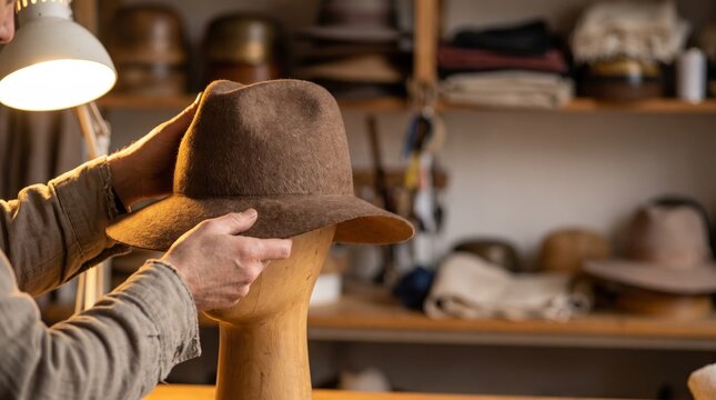Hat maker carefully shaping a classic brown felt fedora on a wooden block inside his workshop.