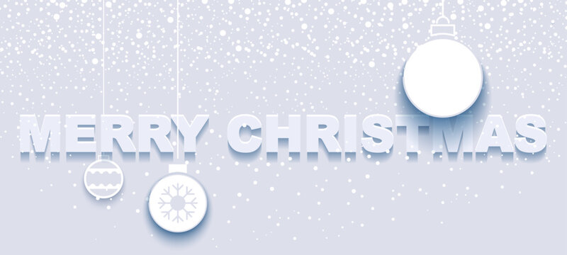 Merry Christmas banner. A background with white snowfall, featuring three hanging round festive ornaments, with the text "Merry Christmas" below them. Flat design, holiday theme. Vector illustration
