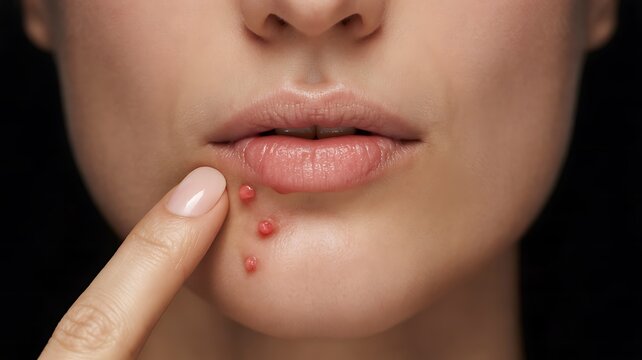 Closeup of a woman touching acne spots on her chin