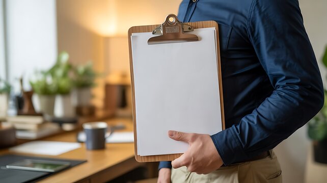 Business professional holding a blank clipboard in a modern office