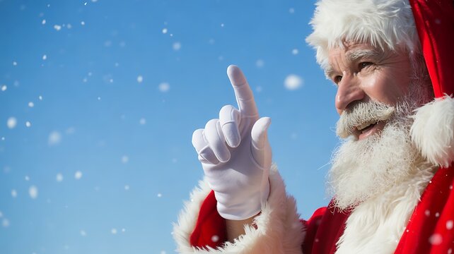 Santa claus pointing upward in a snowy winter setting with falling snowflakes