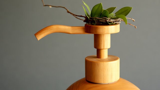 Minimal wooden plant stand holding a small green plant against a beige background