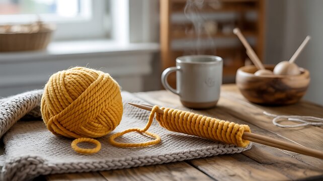 Yellow yarn ball and knitting needles with handmade knitwear on a wooden table