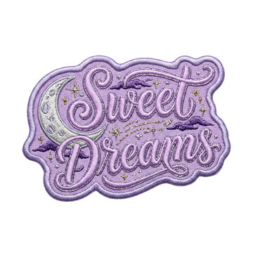 Embroidered patch with sweet dreams lettering lilac shades on transparent background