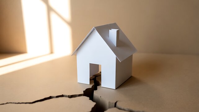 Minimal white house model with a crack in the ground representing property damage