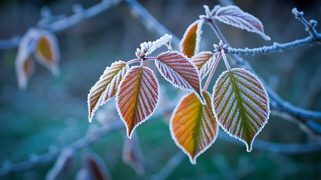 Autumn leaves covered with frost on a branch in soft natural light