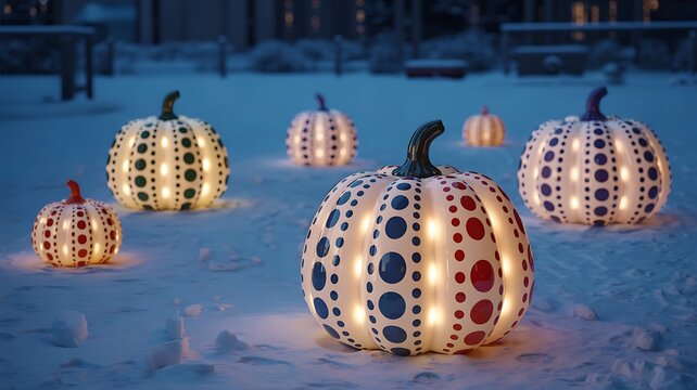 Glowing decorative pumpkin lanterns arranged in a snowy winter landscape