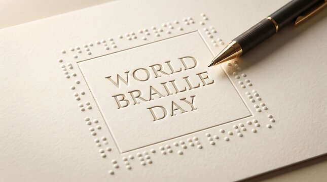 Embossed text and braille on paper card with fountain pen blindness accessibility communication literacy education inclusive awareness language stationery close up selective focus