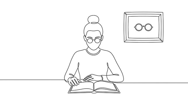 Woman studying with book at desk in minimalist interior setting line art continuous portrait back to school academic achievement monochrome illustration