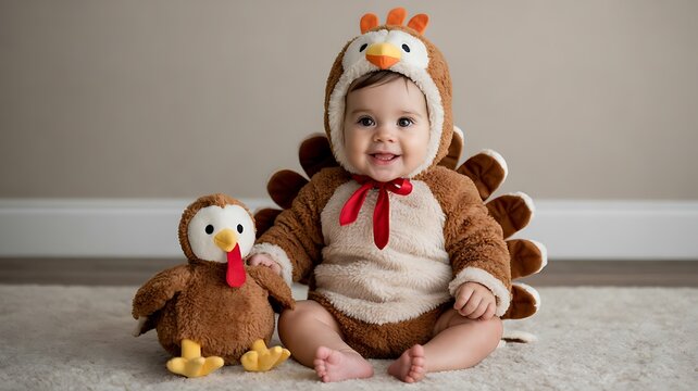 Happy baby wearing a turkey costume beside a plush thanksgiving toy