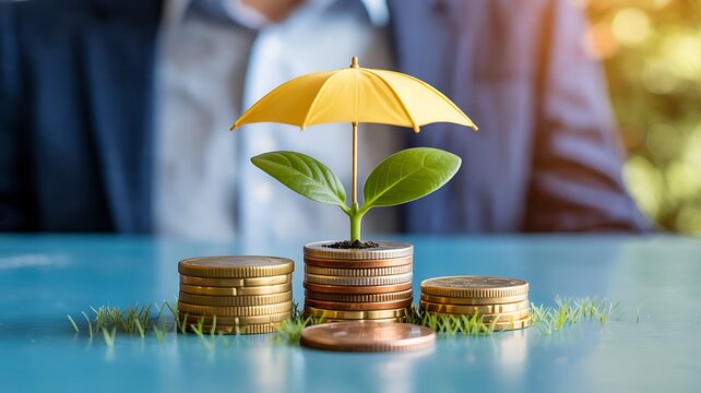 Small green plant growing from stacked coins under a yellow umbrella