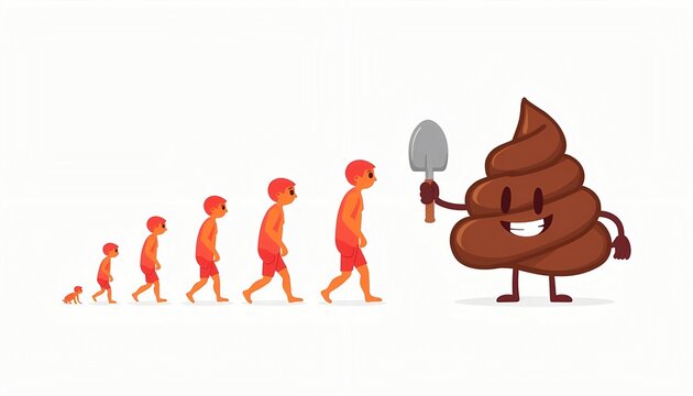 Human evolution meets smiling poop character holding a shovel, symbolizing modern responsibility for cleanliness and waste management in a humorous vector illustration.