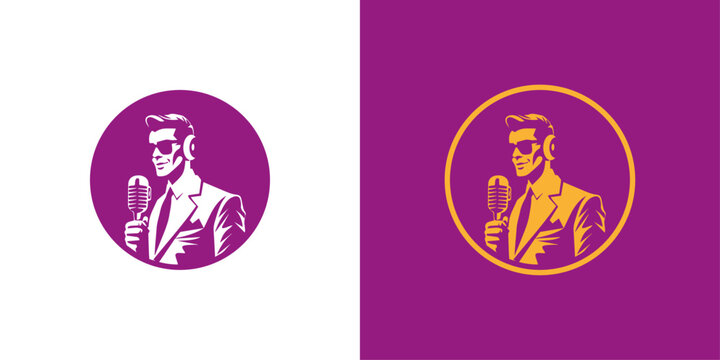 Retro dj logo. Vintage male disc jockey with headphones and classic microphone in a bold circular emblem.