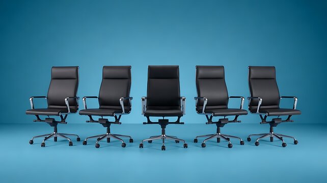 Five black office chairs arranged in a row against a blue studio background