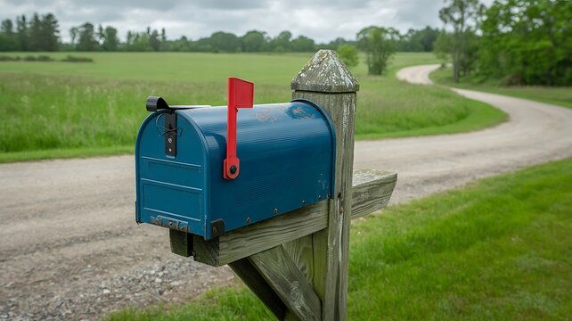 Blue rural mailbox with red flag beside a winding country road