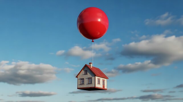 Floating house lifted by a red balloon above a cloudy blue sky