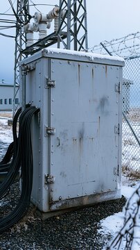Outdoor electrical junction box with cables on a cold, overcast day near a telecommunications tower