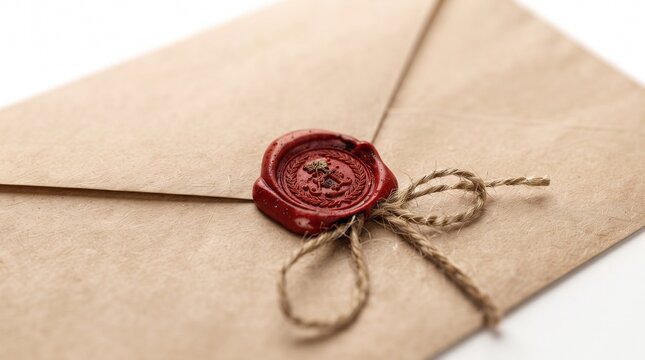 Vintage kraft envelope with red wax seal and twine rope, antique mail correspondence and secret letter concept - wax seal, envelope, kraft paper, letter, vintage, antique, red wax, twine, rope, seal