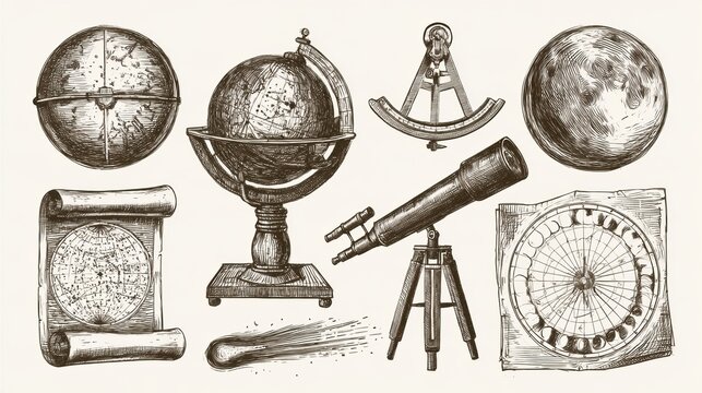 This artwork features a collection of vintage sketches depicting astronomical tools and diagrams. The focus is on celestial navigation and astrology.