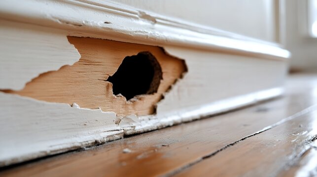 Damaged wall with large hole in wooden baseboard