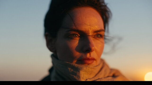 Close-up portrait of a determined woman facing the golden sunset, illuminated by warm evening light, conveying resilience and hope