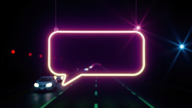 Neon speech bubble hangs over highway. Cars travel toward red taillights, illuminated by bright lights. Dark background dominates scene.