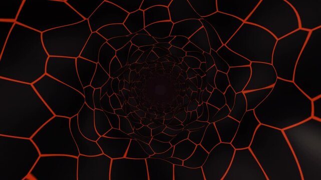Cinematic obsidian tunnel loop featuring glowing orange magma veins and a dark geometric voronoi pattern, perfect for sci-fi backgrounds or fantasy volcanic environments.