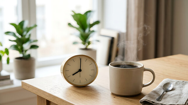 Analog alarm clock showing eight o'clock next to a hot cup of coffee on a wooden desk in a sunny home office.