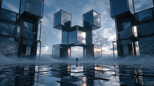 Surreal geometric architecture with reflective cubes and a lone figure in a misty, futuristic cityscape