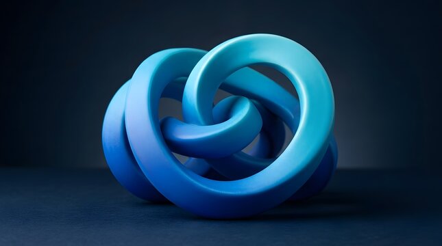 Minimalist 3d render of a smooth blue gradient knotted loop sculpture isolated on a dark blue background