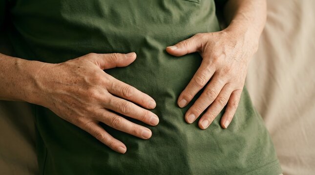 腹痛や胃痛に苦しみ腹部を押さえるシニア男性のアップ