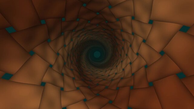 Abstract seamless woven copper tunnel loop background featuring a rotating spiral vortex of metallic strips with dark teal accents for high-quality motion graphics and 3D visual design.
