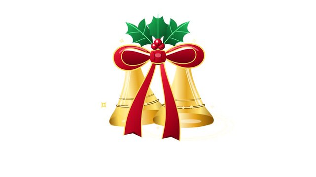 Beautifully designed 2D animated golden Christmas bells decorated with a large red ribbon bow and green holly leaves with berries, festive holiday ornament isolated on a plain white background.
