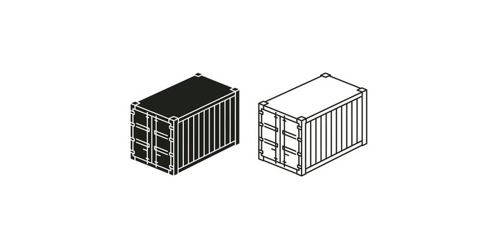 Shipping cargo container isometric vector icon with solid outline views.