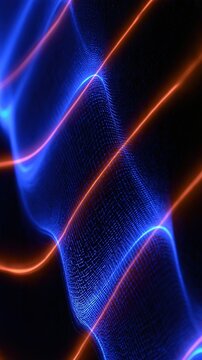 Abstract glowing blue and orange wavy lines and particles on dark background