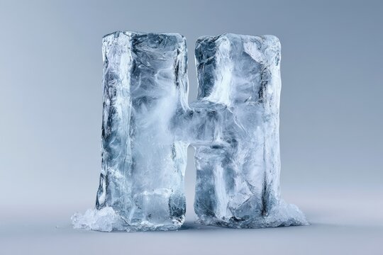 Frozen ice block shaped as letter H on neutral background