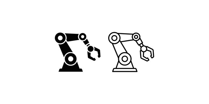 Industrial robotic arm clamp filled and thin outline vector icon set.